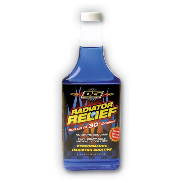 DEI Radiator Relief 16oz coolant bottle for automotive cooling system maintenance and radiator protection.