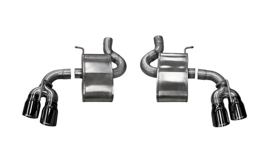 Black CORSA Performance axle-back exhaust for Chevrolet Camaro SS 2017-2024 with 6.2L V8, featuring dual outlets and a sleek design.