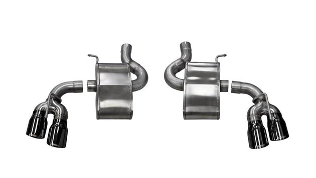 Black CORSA Performance axle-back exhaust for Chevrolet Camaro SS 2017-2024 with 6.2L V8, featuring dual outlets and a sleek design.