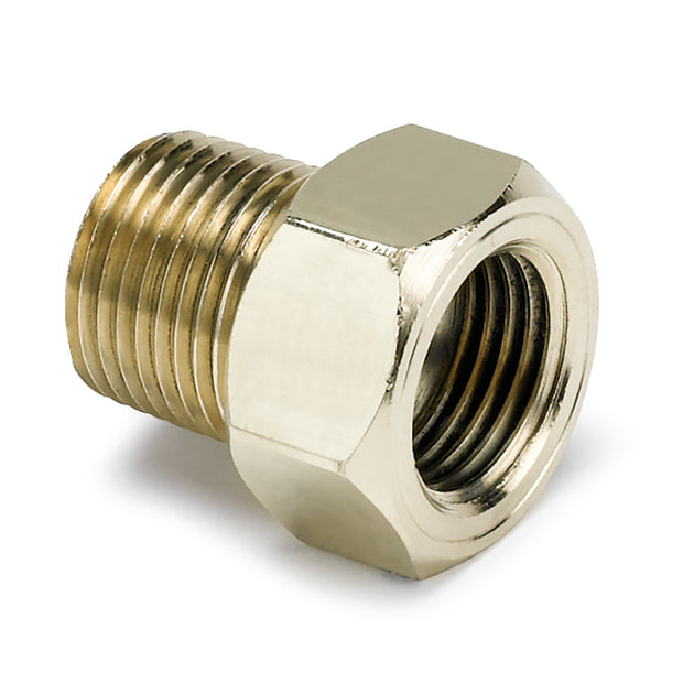 AutoMeter brass 3/8-inch NPT mechanical temperature adapter for gauges, showing the threaded brass fitting on a white background.