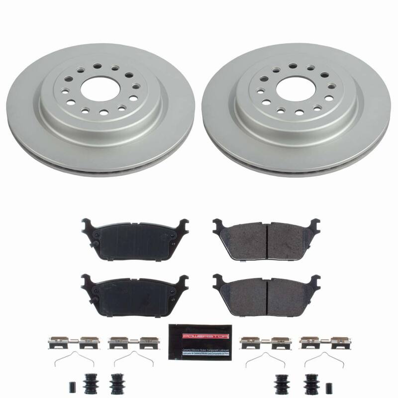 PowerStop rear Z23 coated brake kit for Ram 1500 2019-2025, showing brake rotors and calipers installed on the vehicle.