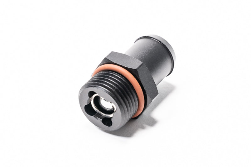 Radium Engineering 10AN ORB to 0.75-inch barb roll-over fitting for fluid transfer, showing the fitting with polished metal finish.