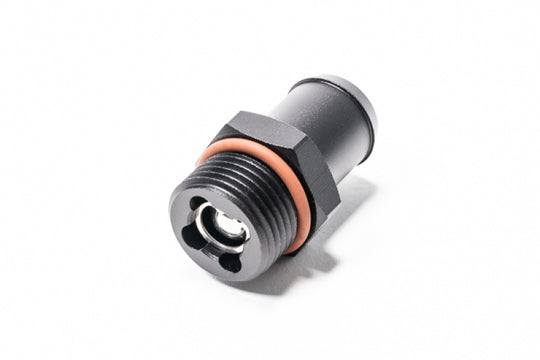 Radium Engineering 10AN ORB to 0.75-inch barb roll-over fitting for fluid transfer, showing the fitting with polished metal finish.