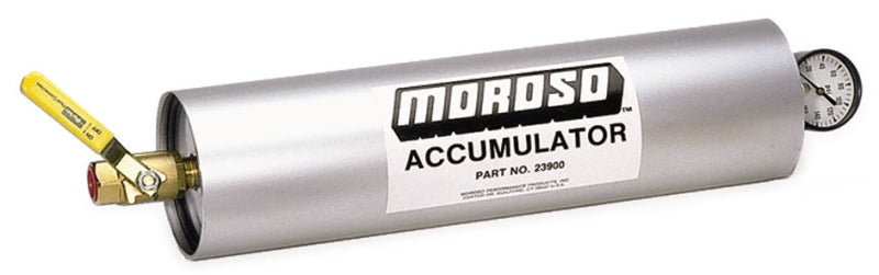 Moroso 3-quart oil catch can with a cylindrical metal body and fittings for automotive oil catch system.