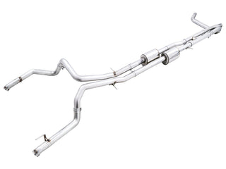 AWE Tuning catback exhaust system for 2022-2023 GMC Sierra 1500 AT4X 6.2L with split dual pipes and bashguard, flat bumper design