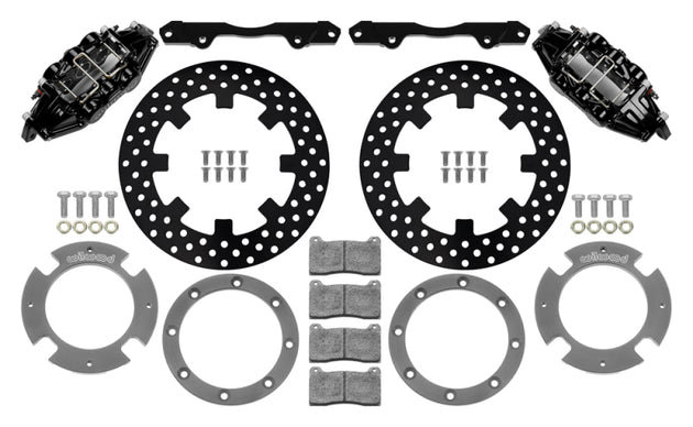 Wilwood 17-21 Can-Am X3RS black 6-piston front brake kit with drilled rotors, 11.25 inches, for high-performance off-road braking.