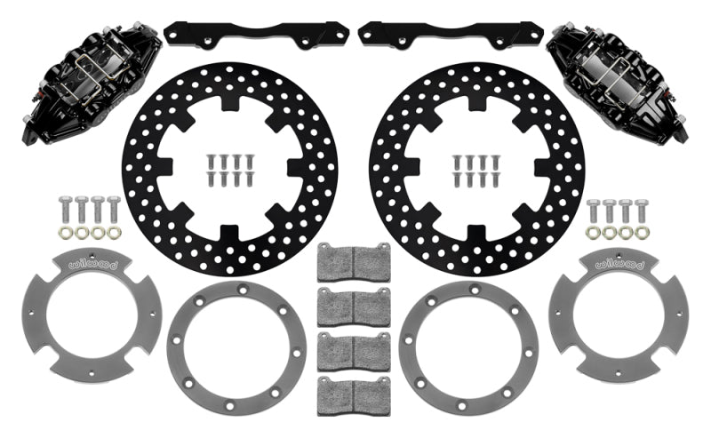 Wilwood 17-21 Can-Am X3RS black 6-piston front brake kit with drilled rotors, 11.25 inches, for high-performance off-road braking.