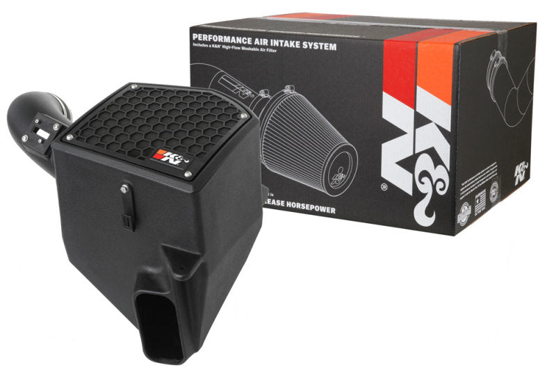 K&N 63 Series AirCharger cold air intake for 2020-2021 Chevrolet 1500 L6-3.0 DSL, showing the performance intake system with filter and tubing.