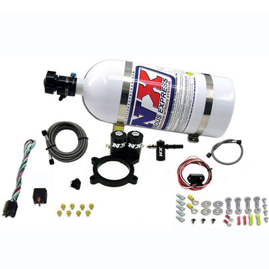 Nitrous Express 2021+ Ford F-150 5.0L Coyote truck nitrous plate system with 10lb bottle installed in engine bay.