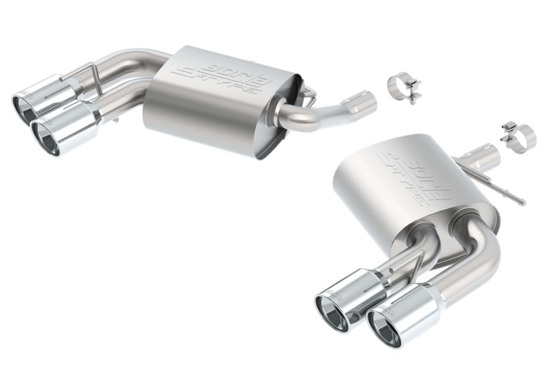 Borla axle back exhaust for 2016 Chevy Camaro V6, rear section with S-Type design, without dual mode valves, polished metal finish.