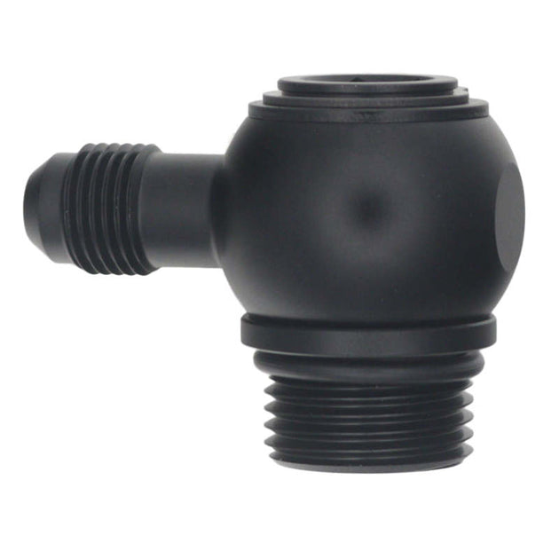 DeatschWerks 10AN ORB male to 6AN male flare fitting, matte black anodized, low profile 90-degree swivel for automotive use.