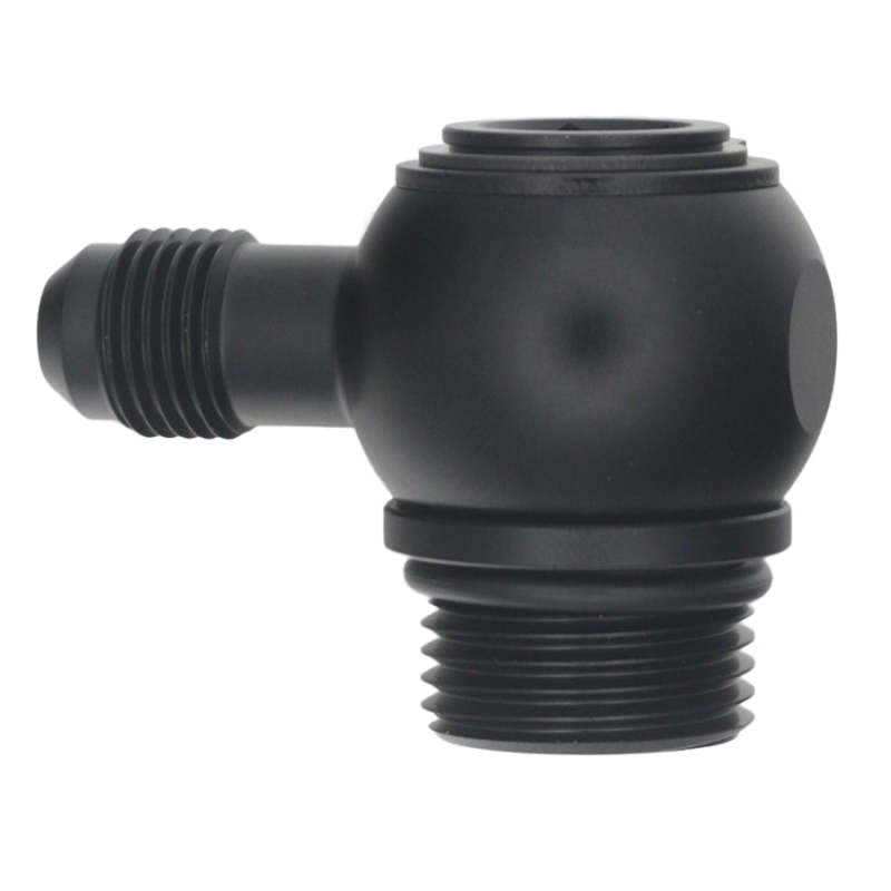 DeatschWerks 10AN ORB male to 6AN male flare fitting, matte black anodized, low profile 90-degree swivel for automotive use.