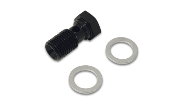 Vibrant black anodized aluminum banjo bolt with two washers, M8x1.25 thread, 20mm length, fitting for automotive brake or fuel systems.