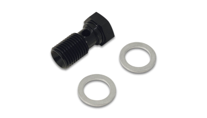 Vibrant black anodized aluminum banjo bolt with two washers, M12x1.25, 20mm length, used for automotive fittings.
