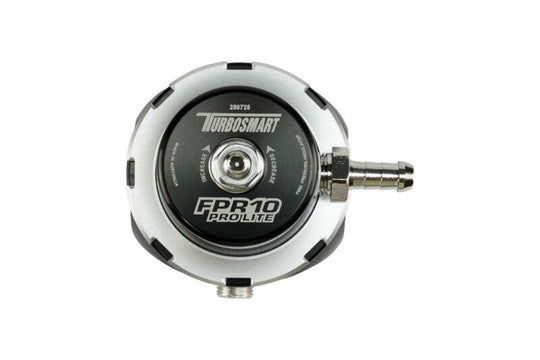 Turbosmart FPR10 Pro-Lite black fuel pressure regulator with adjustable fittings and compact design for automotive performance.