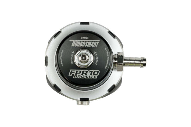 Turbosmart FPR10 Pro-Lite black fuel pressure regulator with adjustable fittings and compact design for automotive performance.