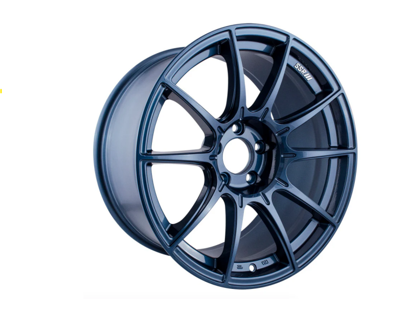 SSR GTX01 cast wheel in blue gunmetal finish, 19x9.5 inches, 5x120 bolt pattern with 38mm offset, shown from a side view