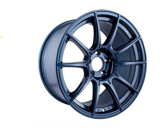 SSR GTX01 cast wheel in blue gunmetal finish, 19x9.5 inches, 5x120 bolt pattern with 38mm offset, shown from a side view