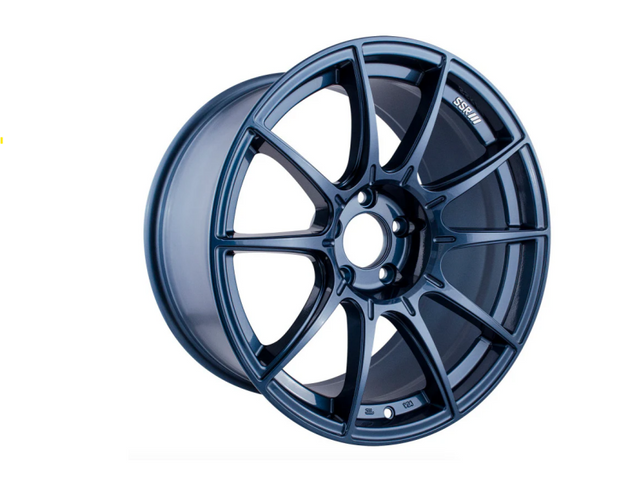 SSR GTX01 cast wheel in blue gunmetal finish, 19x9.5 inches, 5x120 bolt pattern with 38mm offset, shown from a side view