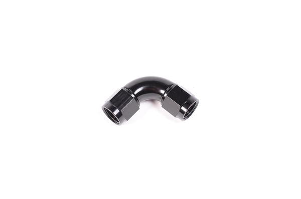 Radium Engineering 6AN female to female 90-degree coupler fitting, black anodized aluminum, for high-performance fluid connections.