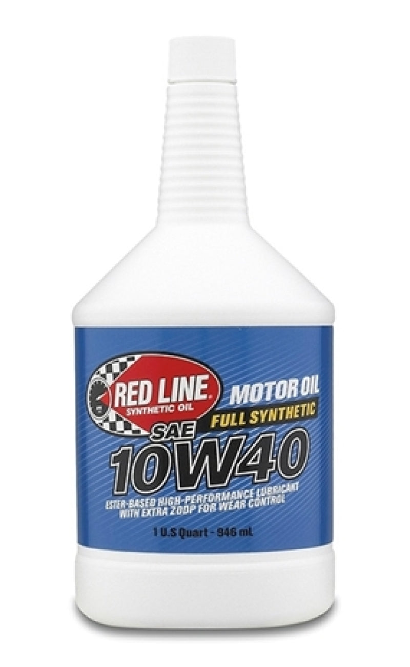 Red Line 10W40 motor oil quart bottle with orange and black label, designed for engine lubrication and maintenance.