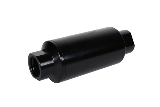 Aeromotive in-line fuel filter with 10AN fittings, 10-micron microglass element, bright-dip black finish, 2-inch diameter