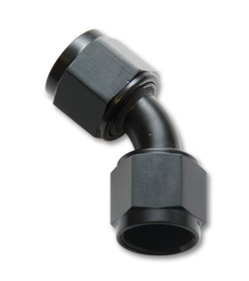 Vibrant black -20AN female flare swivel 45-degree fitting, anodized aluminum, designed for high-performance automotive or racing applications.