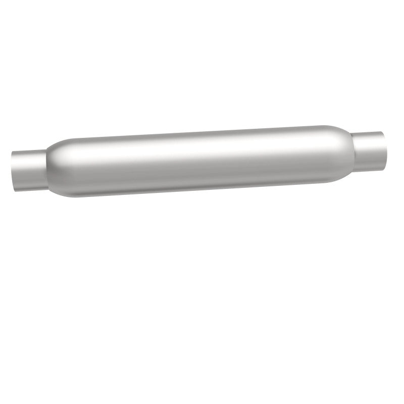 MagnaFlow muffler with 3.5-inch diameter and 18-inch length, featuring dual 2.25-inch inlet and outlet pipes.