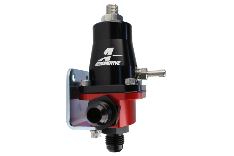Aeromotive compact billet adjustable EFI fuel pressure regulator with AN-6 male inlet and return, solid metal construction.