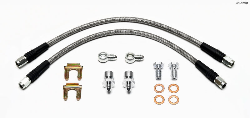 Wilwood Flexline Kit D52 brake line with 14-inch hose, banjo fitting, 10mm, and -3/8-24 chassis fitting for calipers