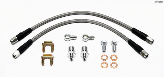 Wilwood Flexline Kit D52 brake line with 14-inch hose, banjo fitting, 10mm, and -3/8-24 chassis fitting for calipers
