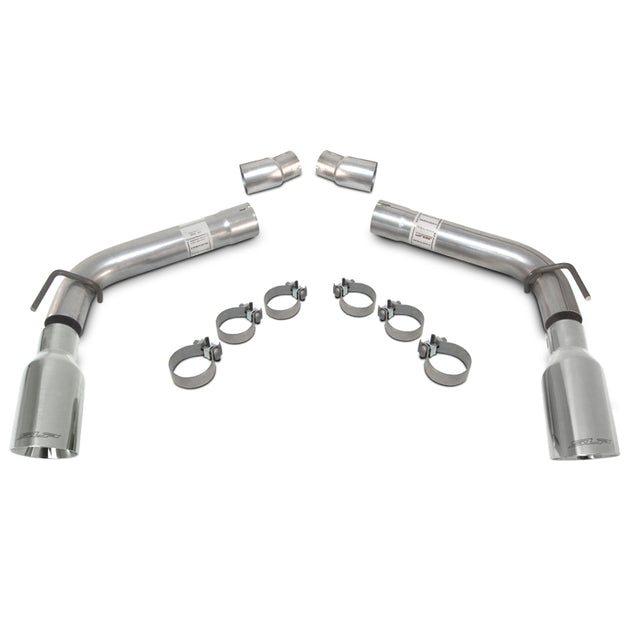 SLP LoudMouth axle-back exhaust with 4-inch tips installed on a 2010-2015 Chevrolet Camaro 3.6L, showing the polished metal tips and exhaust pipes.