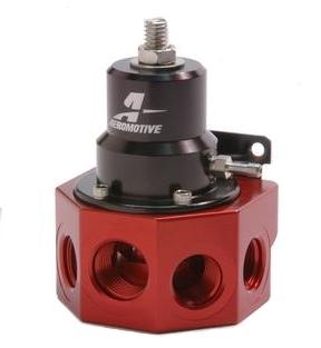 Aeromotive A2000 carbureted bypass fuel pressure regulator with four ports, shown in close-up view.