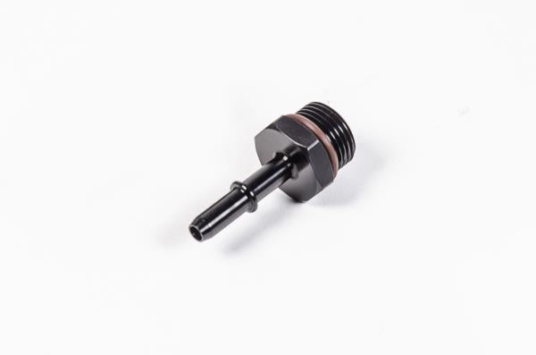 Radium Engineering Universal 8AN Orb to 5/16 SAE male fitting showing black anodized aluminum with threaded ends.