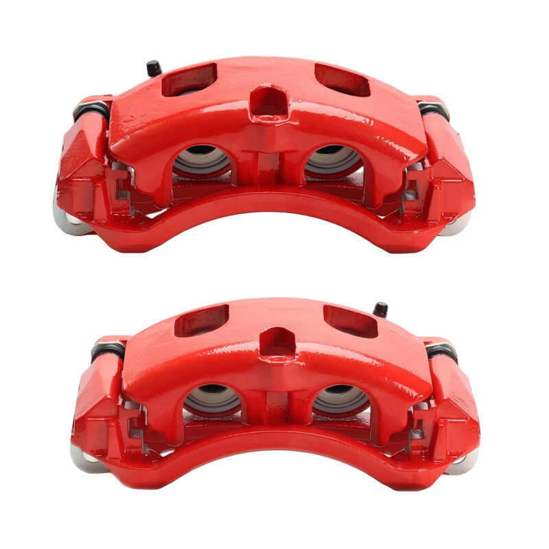 Pair of PowerStop rear red brake calipers with brackets for Chevrolet Silverado 2500 HD, performance brake calipers for trucks.