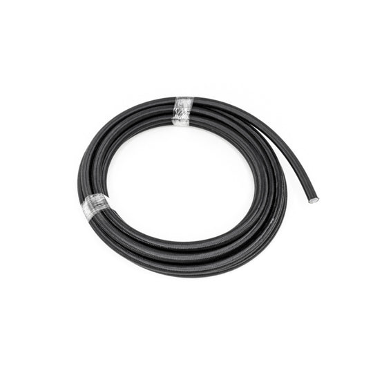 DeatschWerks black nylon braided PTFE hose, 20 feet long, flexible fuel or oil line with durable exterior for automotive use.