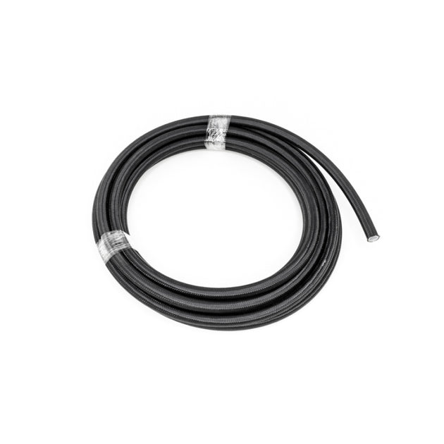 DeatschWerks black nylon braided PTFE hose, 20 feet long, flexible fuel or oil line with durable exterior for automotive use.