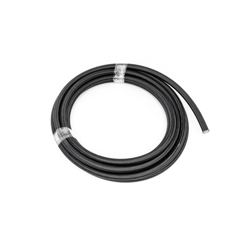 DeatschWerks black nylon braided PTFE hose, 20 feet long, flexible fuel or oil line with durable exterior for automotive use.