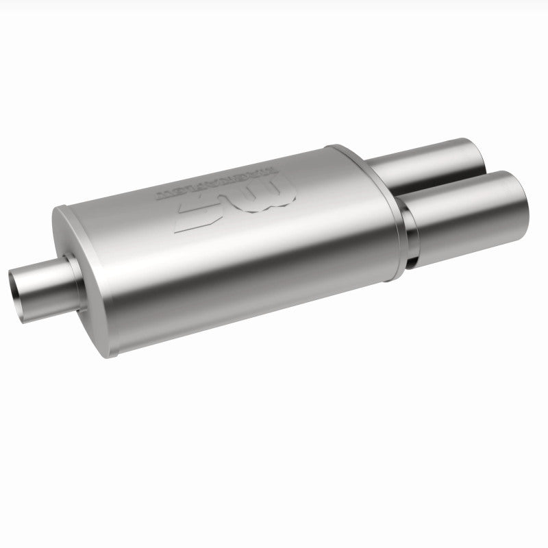 MagnaFlow stainless steel muffler with tip, 14x5x8 inches, 2.25/3 inlet outlet, automotive exhaust part in a workshop setting