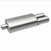 MagnaFlow stainless steel muffler with tip, 14x5x8 inches, 2.25/3 inlet outlet, automotive exhaust part in a workshop setting