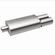MagnaFlow stainless steel muffler with tip, 14x5x8 inches, 2.25/3 inlet outlet, automotive exhaust part in a workshop setting
