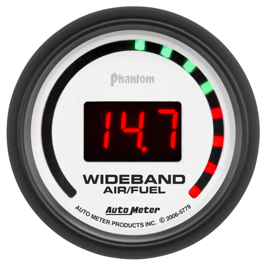 AutoMeter Phantom 52mm digital air/fuel ratio gauge with wideband sensor, displaying digital readout for street performance monitoring.