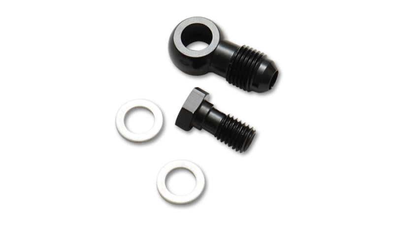 Vibrant -8AN male banjo fitting with 12mm x 1.5 metric aluminum body and two washers, shown on a plain background