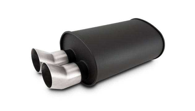 Vibrant Streetpower flat black muffler with dual DTM tips, 9.5x6.75x15 inches, inlet 2.5 inches, outlet 3 inches, car exhaust component