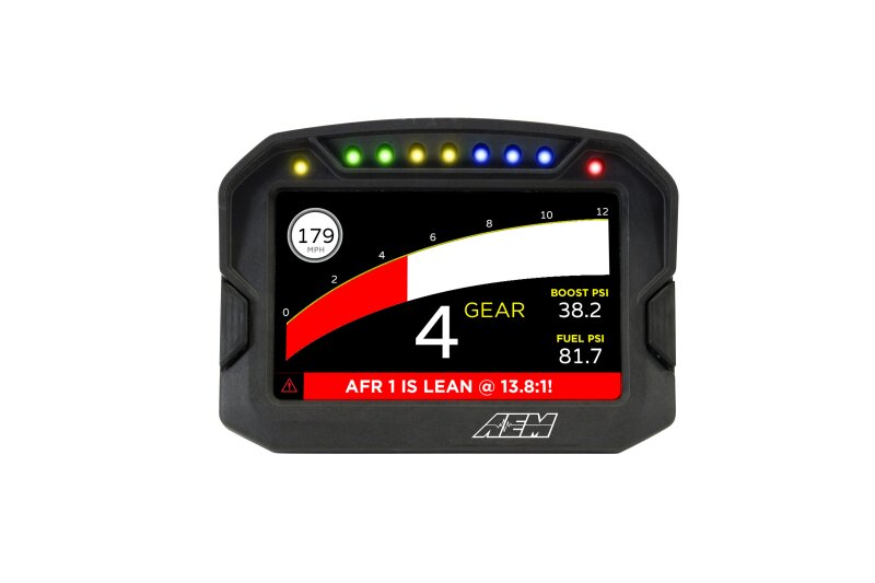 AEM CD-5LG carbon digital dash display gauge with internal 10Hz GPS and antenna, showing modern automotive dashboard features.