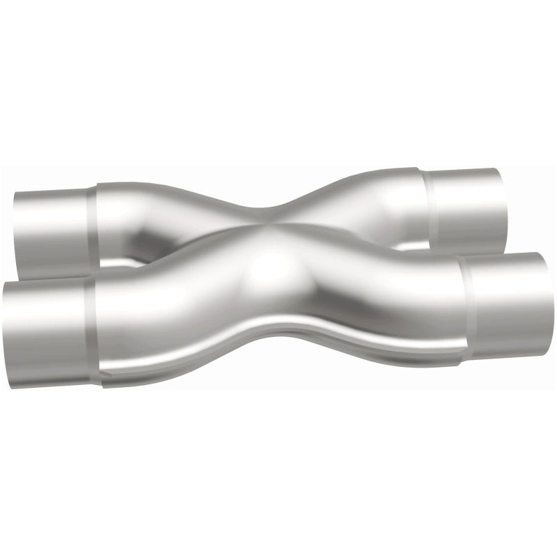 MagnaFlow Smooth Trans X 2.25/2.25 stainless steel X pipe for exhaust systems, featuring a sleek, polished metal finish.