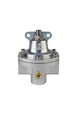 Aeromotive 3-port carbureted bypass fuel pressure regulator with two ORB-06 and one ORB-6 fittings, shown on a workbench.