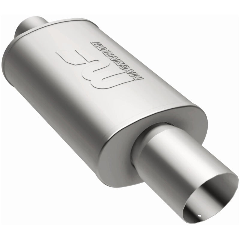 MagnaFlow muffler with tip, model RS 14X5X8, featuring a polished exhaust tip, installed on a vehicle's exhaust system.