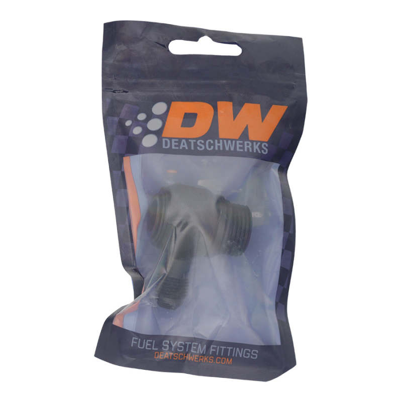 DeatschWerks 10AN ORB male to 6AN male flare low profile 90-degree swivel fitting, anodized matte black for automotive use.