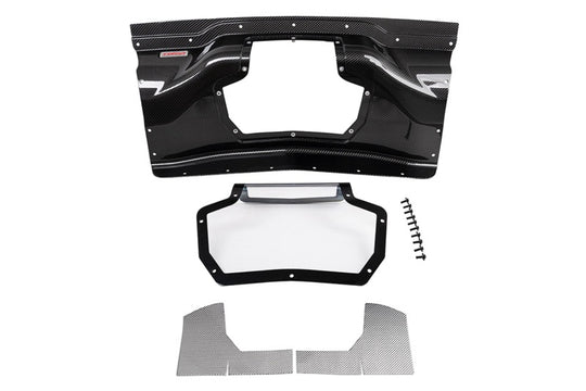 Corvette C8/Z06 2020+ carbon fiber air intake trunk panel with polycarbonate window, designed for Chevrolet Corvette carbon accessories.